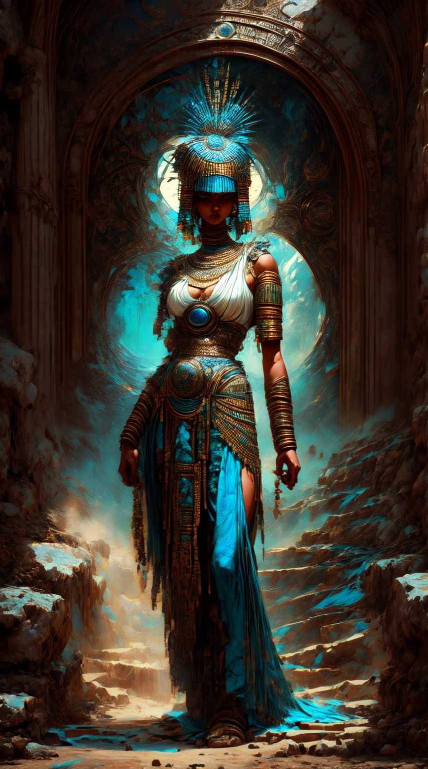 Tia is shown to have a fairly slender figure. She has white-grey hair , she has short hair and large pale green eyes,  An Pharaonic-styled futuristic suit worn by a girl depicting cultural fusion and modern fashion. The suit is adorned with intricate patterns and vibrant colors, showcasing the rich heritage of Egypt. The girl stands confidently in a dynamic pose, with her detailed eyes reflecting determination and curiosity. The suit's material is a combination of traditional textiles and futuristic synthetic fabrics, giving it a unique and avant-garde appearance. The overall image quality is of the highest standard, with sharp focus and ultra-detailed rendering. The artwork employs physically-based rendering techniques, resulting in realistic lighting and shadows. The colors are vivid and vibrant, capturing the essence of Pharaonic cultural aesthetics. The background features a fusion of modern architecture and traditional elements, creating a harmonious blend of the past and the future. The prompt explores the intersection of Pharaonic culture, futuristic design, and the artistic representation of a confident girl., cleavage exposed, medium breasts, superior quality, many details, Puri focus  Sharp and realistic