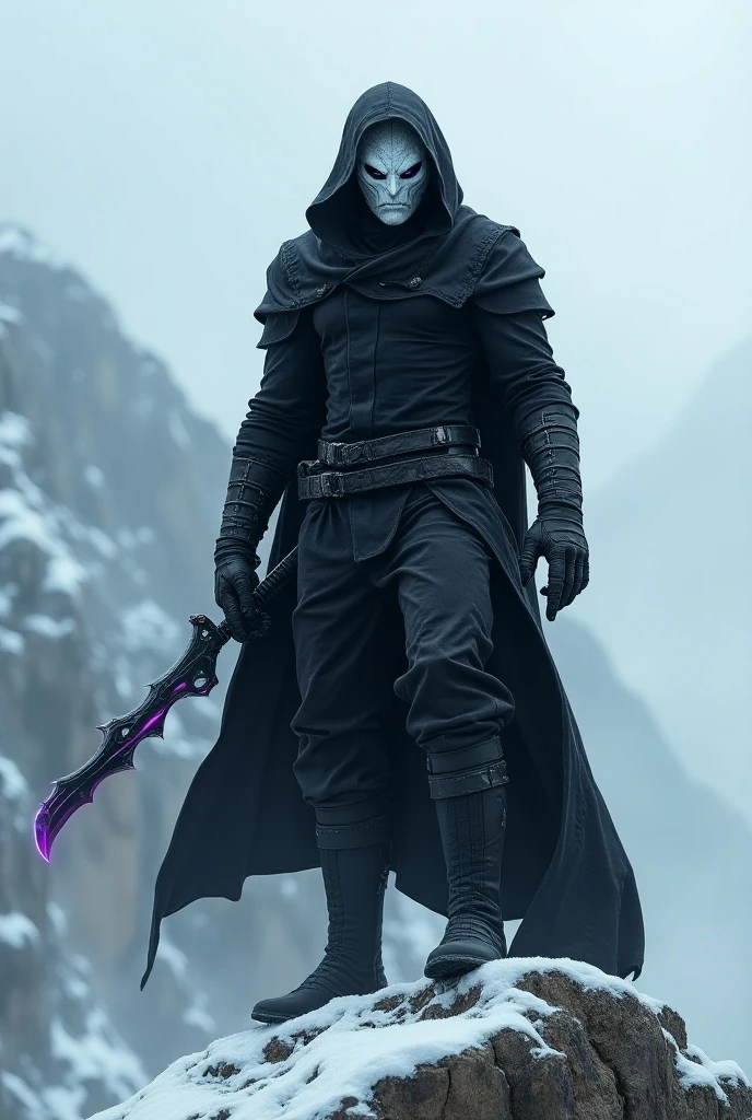 Make a draconate with white scales and black eyes , Make him with black ninja hooded clothes , make him holding a dagger with a twisted blade and neon purple details , make him with black smoke around in combat position on top of a snowy mountain