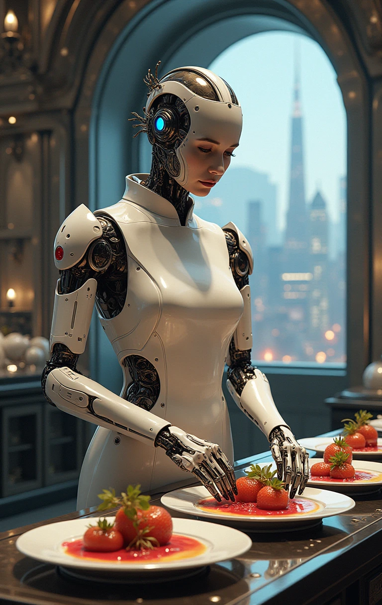 A beautiful robot girl is in the herbal room. There is a sign that says: "Royal Herbal Recipe"