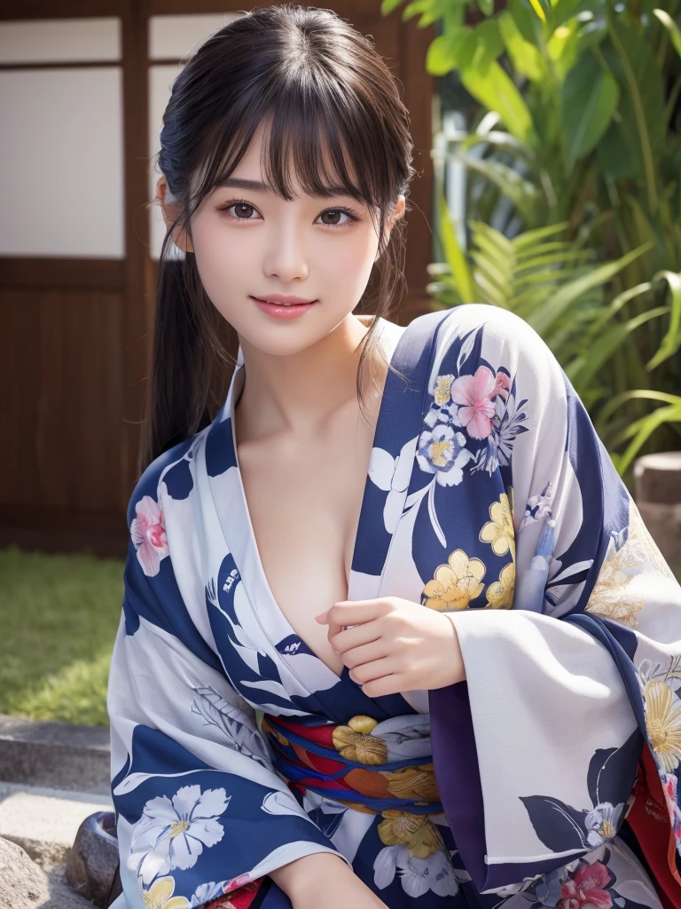 A very cute face like an idol、like々A 19-year-old woman with a cute face、Gentle and cute、A kind smile、(((Japanese Yukata)))、(night)、Sleeping on a futon in a Japanese-style room (washitsu) of a ryokan.、((Cleavage、I can see your thighs))、((Full body portrait))、RAW Photos、Genuine、High resolution