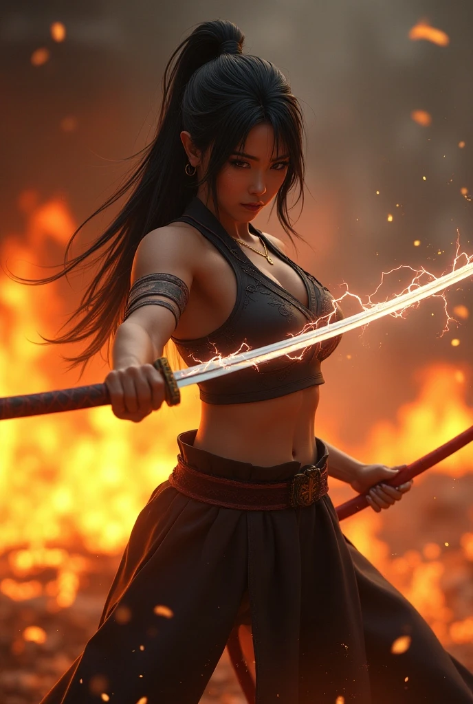arafed doctoral student in a bikini holding a wire bat on a rock, muscular warrior women, unreal engine render + a goddess, fighter pose, badass pose, muscular sweat lara croft, fight pose, hot fire giantess, heroic muay thai stance pose, cinematic goddess body shot, akali from league of legends, dramatic powerful pose, fantasy style 8 k octane render（（（perhaps））） sky，Degenerator 
