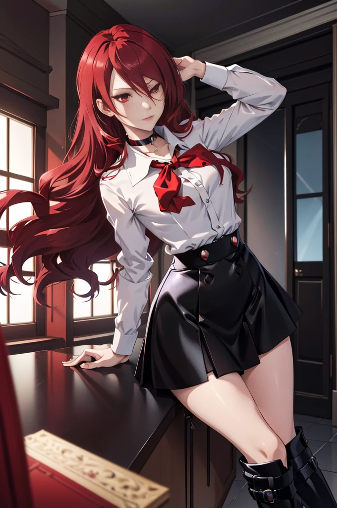   The best quality , ( masterpiece :1.3),  cinematic lighting , ultra-detail, (highres:1.1), mitsuru kirijou, long dark red hair, ( hair covering a right eye ),  detailed eyes , red eyes, choker:1.6, red bow on the chest , ((White buttoned shirt)), (shiny black miniskirt), (black boots), elegant room, mansion, night}