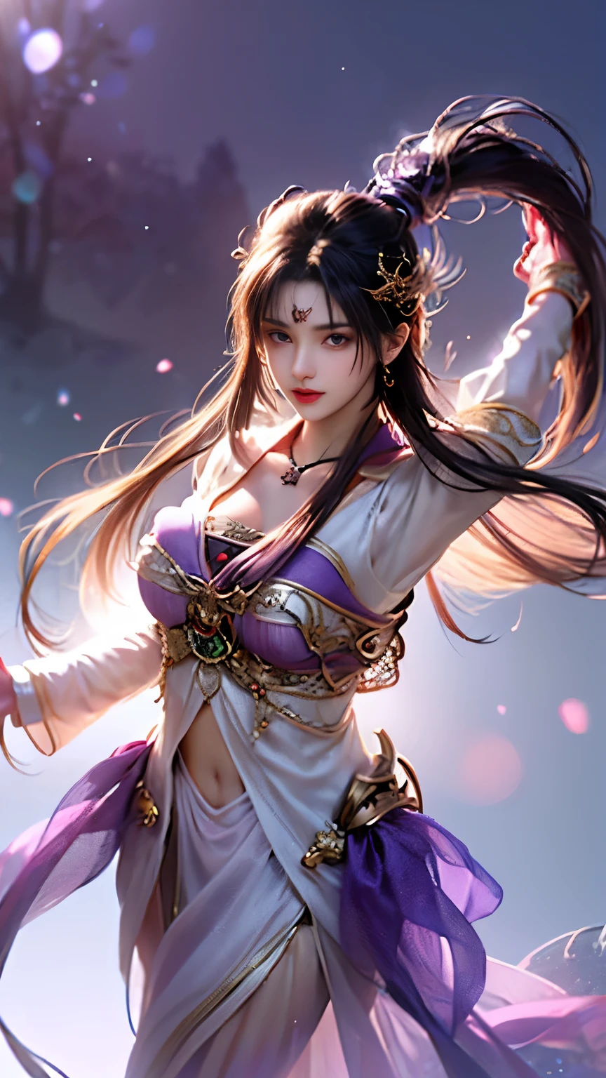 One beautiful woman, Detailed purple eyes, pony hair, braided horse dress, eye shadow, multicolor silk dress, red and yellow dress, halter collar covering the chest and without shoulders, intricately detailed outfit, full body, At home,Dynamic pause, soft volumetric lighting, Perfect facial anatomy, perfect eye anatomy, high detail, hdr, detailed face, glossy, Smooth, flawless skin, realistic details, hdr