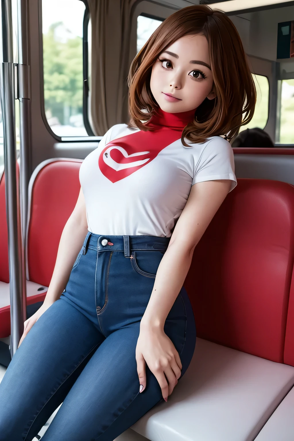 1 girl,uraraka,ochako, bodysuit, sidelocks, shirt, red pants ,low-cut shirt, bare breasts,  revealing denim pants ,8K,3D,  Big breasts,  tight pants ,  transparent pants ,  translucent pants , tight pants,thigh boots,high heel boots,  big thighs,A cup breasts,  waist 50 cm and hips 70 cm , on the back showing the buttocks on a bus..