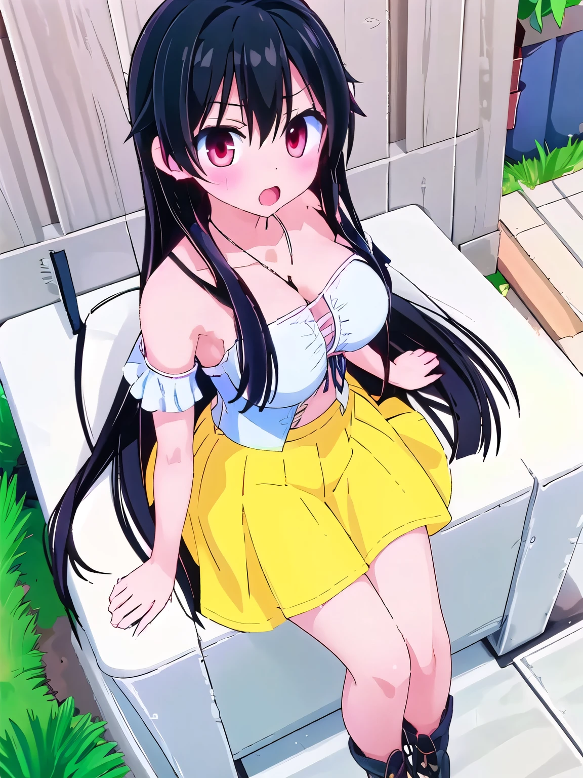 , 1girl, aster nemesis, dark-skinned female, black hair, very long hair, yellow eyes, flat chest,naked,nude, twin tails, looking at viewer, outdoors, city, night, smile, ,sitting on ground,open legs,spread legs,flat chest,lift on legs
