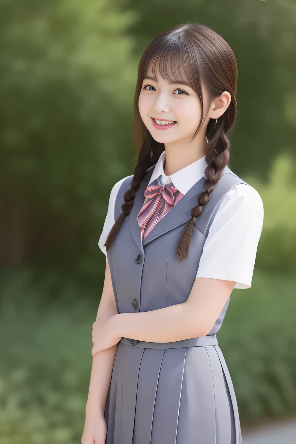 (highest quality, masterpiece, high resolution:1.2), 4K, (Photo quality detailed face: 1.2), geometry, ( cute girly Japanese too much beautiful girl like a popular fashion model of school uniforms is smiling elegantly, looking at me, and inviting me to the world of eternal unrealistic pleasure: 1.5), Laughing at me cutely, (neat girly white short-sleeves school blouse: 1.0), (puffed short sleeves: 1.0), (Dark red glossy school ribbon on the breast: 1.2), (Gray Japanese school girly vest Uniform: 1.2), (Extremely laughing lovely cheeks: 1.0), (Well-balanced too beautiful light-amber cute-dolly large clear open droopy **** eyes with detailed cutely is looking at me deeply to charm me: 1.4), (Long top and bottom eyelashes: 1.2), (Expressing the greatest joy with her whole body: 1.2), (Glossy lips: 1.0), (Braids are tied only under her ears: 1.3), (napping me into the heaven as a goddess: 1.6), (white and clear skin: 1.0), (Placing her beautiful white hands together on her mouth: 0.9), (Full-body shot in neat girly atmosphere: 1.2), (blue background), (Girl whom everyone loves because of her beauty and lovely fashion and noble manner and magical-charm of succubus), (Nobody can't stop falling into her due to her beauty)