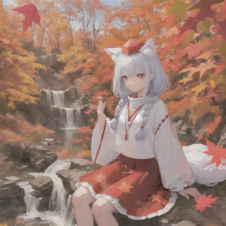 ((One girl, near waterfall on mountain, autumn leaves, maple trees, standing in lake:1)). masterpiece, magnificent, detailed, best quality, full body. (White hair, two small braids), blue-red eyes, (big wolf ears, fluffy wolf tail). maple leafs. ( White shirt, skirt, tokin hat, pom pom clothes:1.2).(Thin things, beautiful legs, flat chest, slim). (shy, sad:1.2).