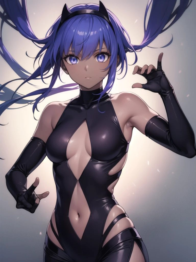 serenity, serenity, (dark skin:1.5), dark-skinned female, (purple eyes:1.1), purple hair, short hair, (small breast:1.2),
BREAK black gloves, black hairband, black leggings, black leotard, center opening, fingerless gloves, gloves, hairband, leotard, navel,
BREAK looking at viewer,
BREAK outdoors,
BREAK (masterpiece:1.2), best quality, high resolution, unity 8k wallpaper, (illustration:0.8), (beautiful detailed eyes:1.6), extremely detailed face, perfect lighting, extremely detailed CG, (perfect hands, perfect anatomy),