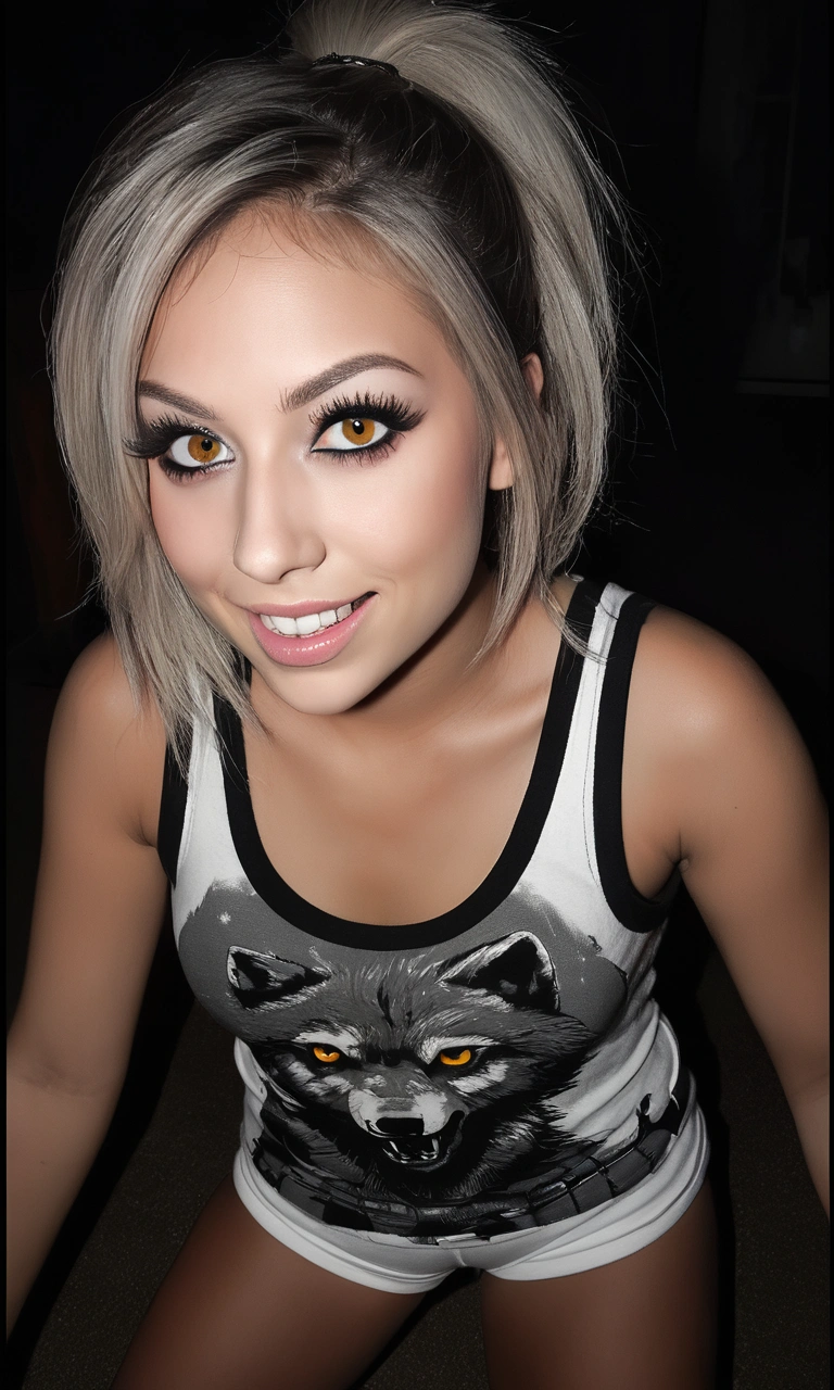 a cute woman, 1 girl, beautiful detailed eyes, beautiful detailed lips, extremely detailed eyes and face, long eyelashes, tattered daisy duke tank top and shorts, furry, bushy tail, psycho grin, wolf teeth, huge eyes, menacing, flexxing, intimidating viewer, show head to toe, moonlit night, dark fantasy, surreal, cinematic lighting, high contrast, moody, chiaroscuro, dramatic shadows, digital painting, concept art, hyperrealistic, intricate details
