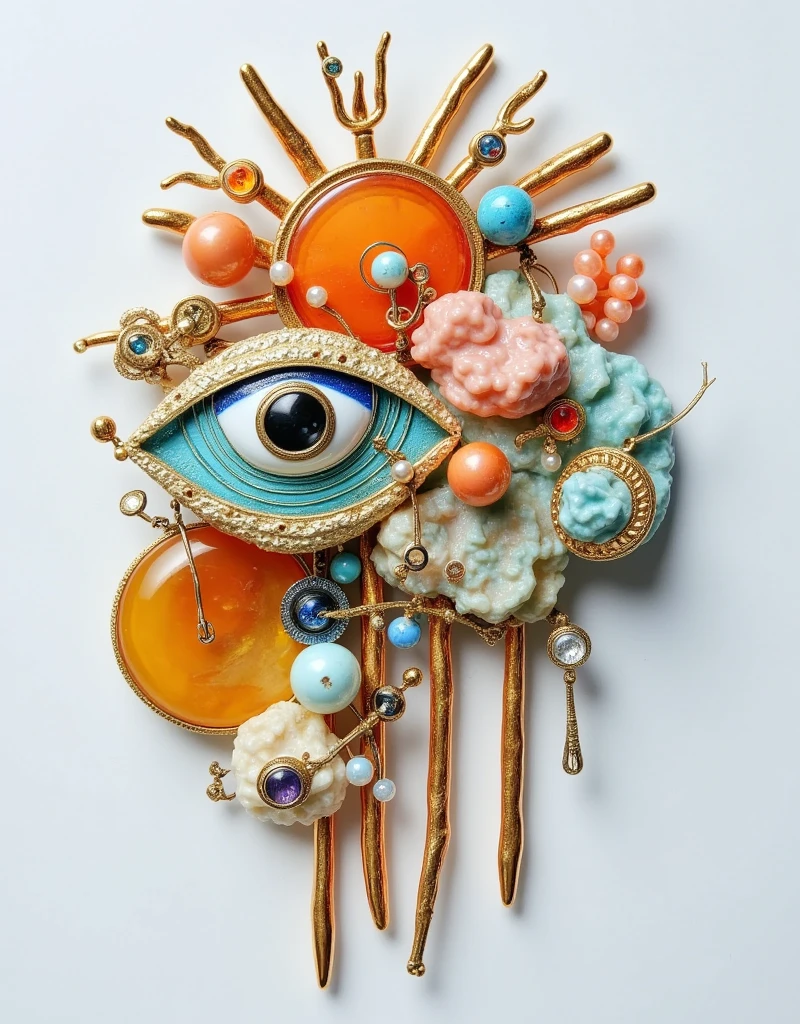 Product Design：Exquisite exaggerated brooches，Cloisonne craft，Baroque pearls and an eye element and gemstone，sun，moon，beeswax，amber，turquoise，coral，Felt，Retro， white background for the head only