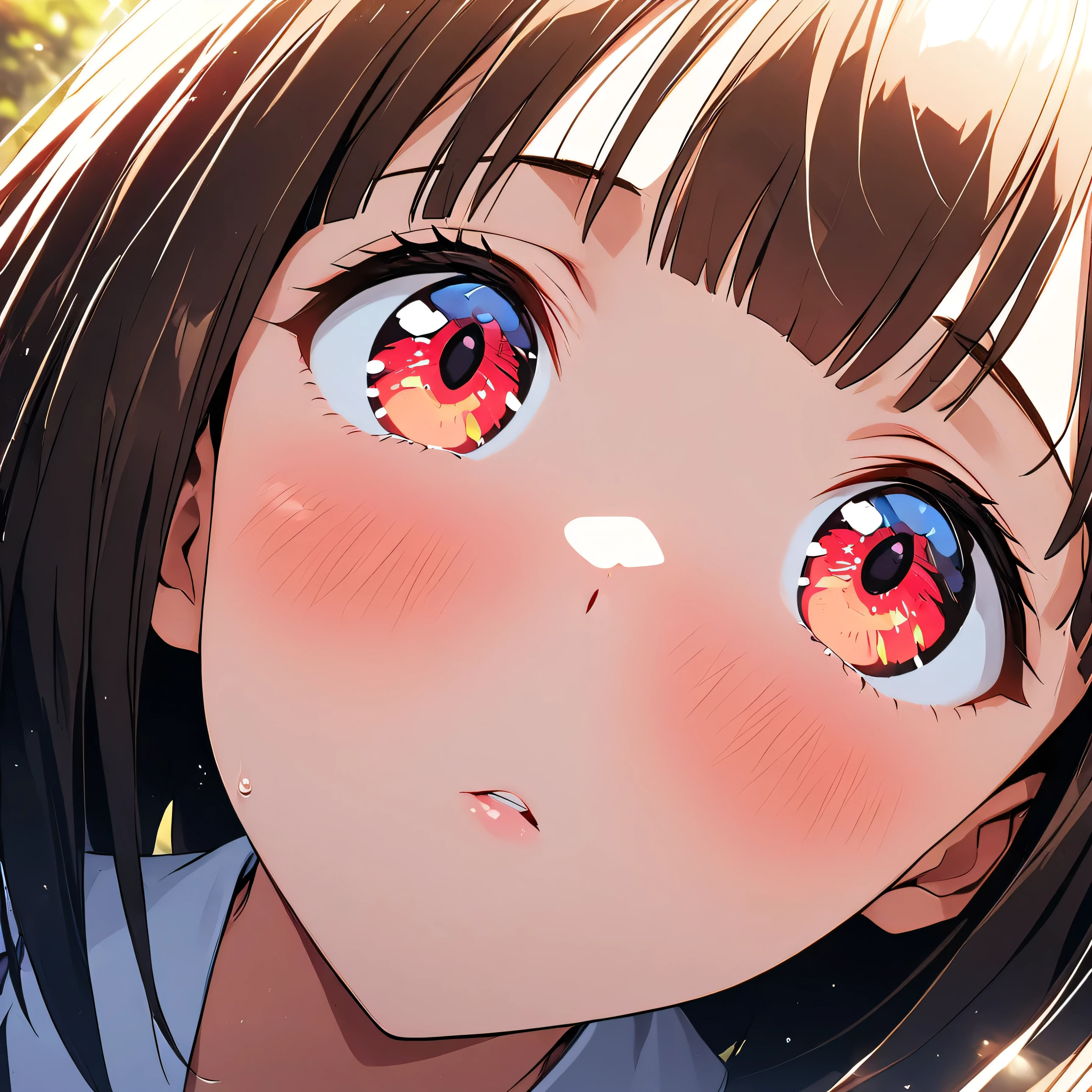 (beautiful girl: 1.3),masterpiece,Ultra-high resolution, rich contrasts,Very high quality,8k,very detailed CG unit wallpaper,Texture,So ridiculous,RAW Photos,Highest quality anime,Depth of written boundary,ultra-detailed eyes,Glowing Skin,Glitter Effect,Beautiful glossy lips,(Sharp Bob,Bangs),School uniform, Black Tight Skirt ,School gate,sunset,(Extremely close:2.0),Embarrassing,blush,Looking up,,Tilt your head