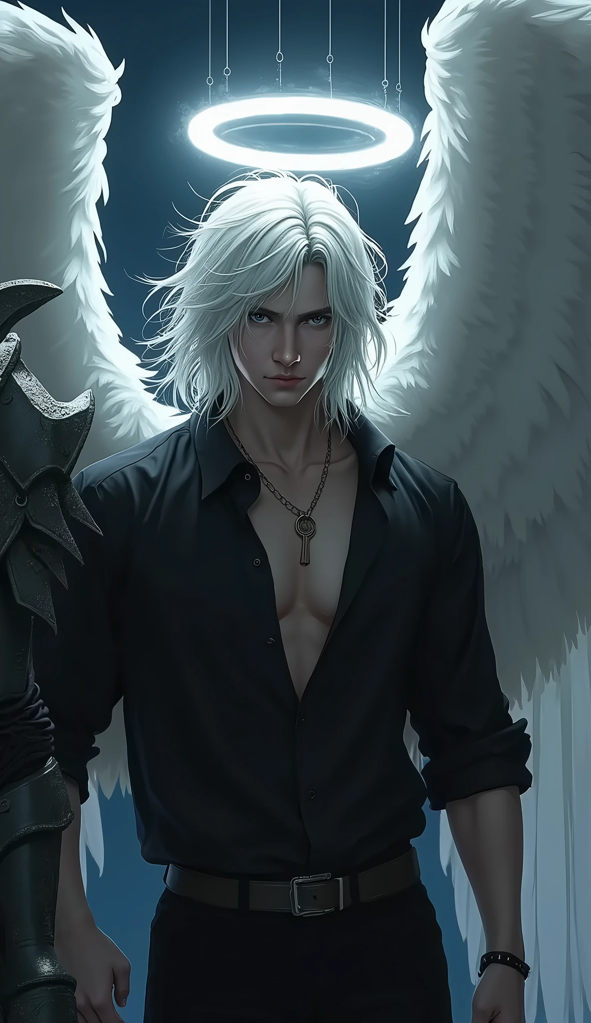 (muscular male: 1.2), (large black feathered wings: 1.3), detailed face, masterpiece, extremely intricate details, (best quality: 1.1), strong eye focus, (grey eyes: 1.1), moonglow, mythology, manly, mature, silver hair,