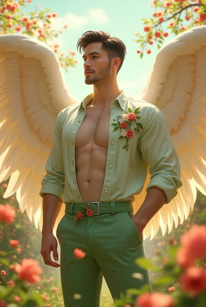 A very attractive angel man, rubio, tanned skin and muscular, but thin. He becomes a human gardener and businessman. He is younger, he is about 2. The idea is to divide the drawing into two parts. In one he appears as a gardener with a blonde girl and in the other he appears as a businessman with a girl with very short black hair.