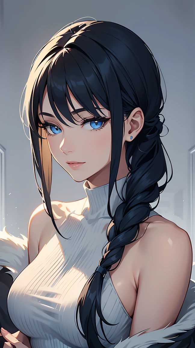 Aria is captured in a relaxed close-up, her face framed by her long dark blue hair which falls in gentle waves around her shoulders. She wears a dark black turtleneck fur dress that envelops her neck and upper body in luxurious softness. The dress adds a cozy yet elegant touch to her appearance, with its texture creating a subtle play of light.
Her vibrant blue eyes are softened by a gentle, relaxed expression, and a small, serene smile graces her lips, adding a touch of warmth to her look. The high neckline of the dress provides a clean, uninterrupted line, emphasizing her refined and composed demeanor.
The close-up highlights her high, sculpted cheekbones and the smooth, delicate curve of her face, while the fur dress adds an element of sophisticated comfort. The overall effect is a blend of casual elegance and serene charm, with Aria’s relaxed smile and luxurious attire creating a captivating and approachable image.