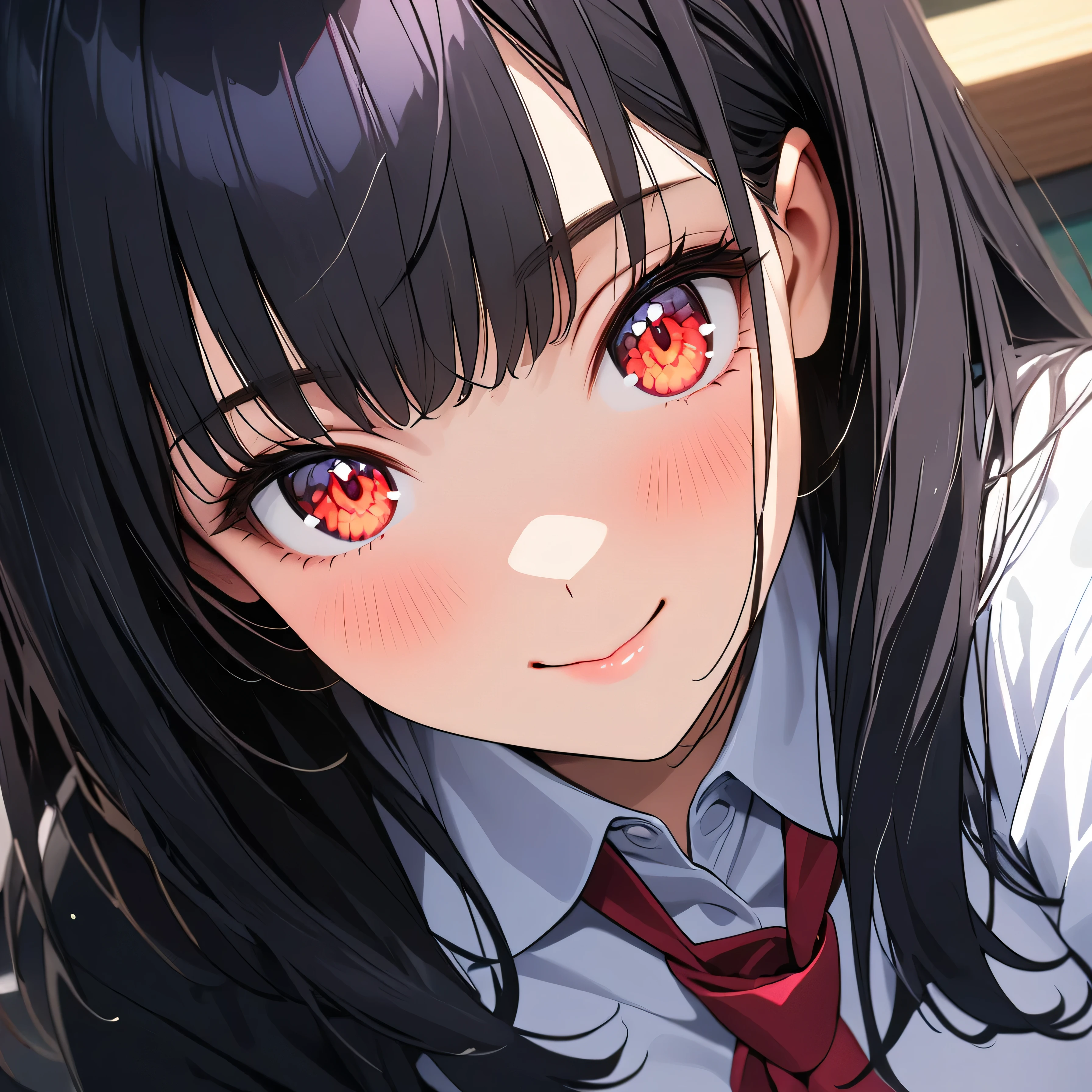 (beautiful girl: 1.3),masterpiece,Ultra-high resolution, rich contrasts,Very high quality,8k,very detailed CG unit wallpaper,Texture,So ridiculous,RAW Photos,Highest quality anime,Depth of written boundary,ultra-detailed eyes,Glowing Skin,Glitter Effect,Beautiful glossy lips,(Sharp Bob,Bangs),smile,closed mouth,textbook,secretary,black suits , Black Tight Skirt ,class,(Extremely close:2.0)