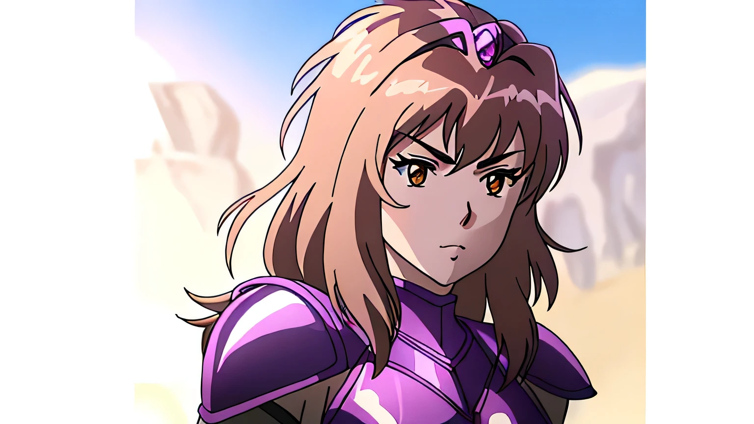  close-up of a woman in a purple leotard costume holding a sword, alone, Knight of the Zodiac Girl,  Portrait of a Zodiac Girl Knight , Woman with long brown hair, Brown eyed woman, Muscular Woman, feminine and muscular,  Shining Spinel Armor , Boobs,  Big Breasts,  Woman with Very Large Breasts , ((Beautiful fantasy empress )), 魅惑的なQueen Knight ,  Dressed in Light Armor ,  Lady Leotard Armor , breastplate armor, shoulder armor, Galactic Queen,  Crystal Spinel Armor ,  mature women, Brown pantyhose, Tall, The leotard has a high-cut waist, Adult sex appeal,  High Quality Anime Art Style , Smooth anime CG art, Queen Knight , digital manga art,  Female Warrior, Princess of Spinel ,  Spinel Reflective Armor ,  High Quality Anime Art Style ,