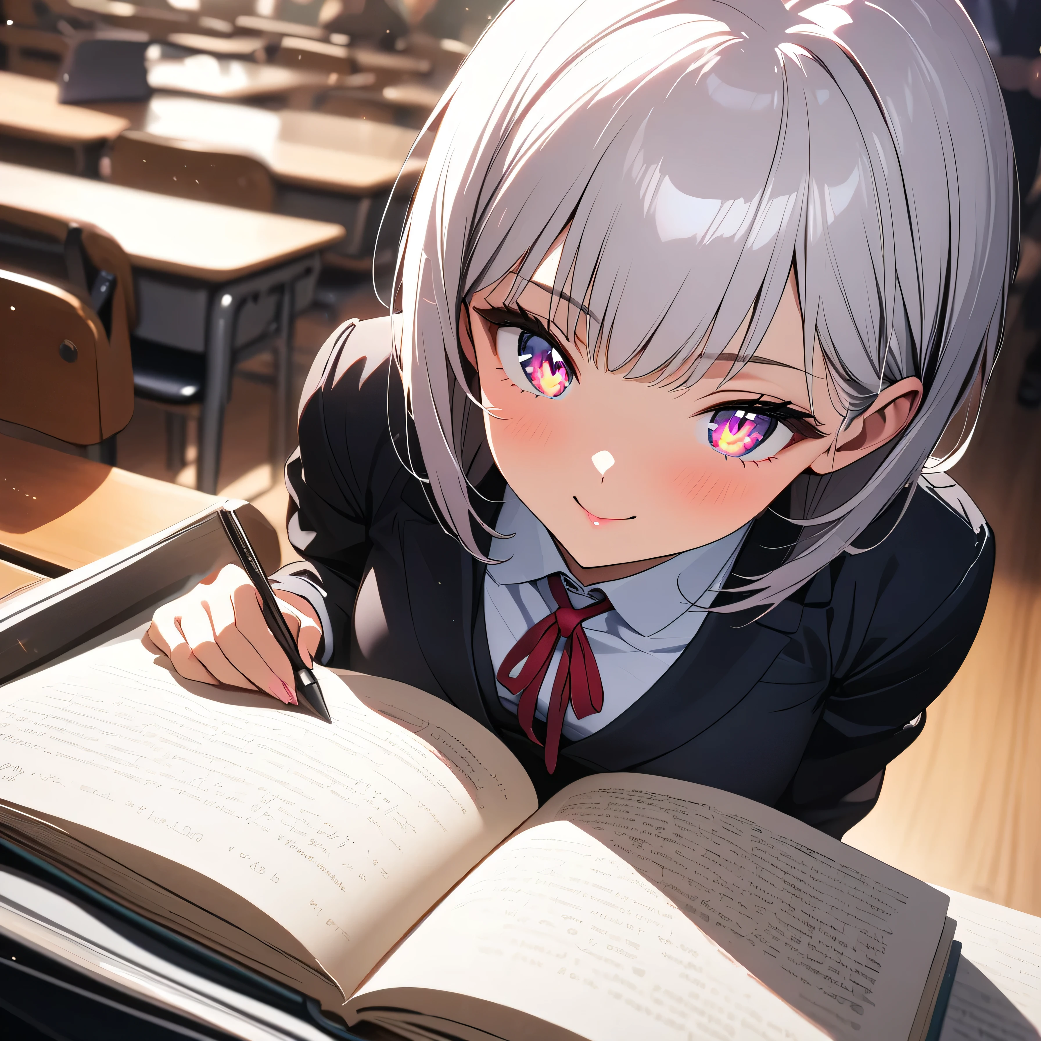 (beautiful girl: 1.3),masterpiece,Ultra-high resolution, rich contrasts,Very high quality,8k,very detailed CG unit wallpaper,Texture,So ridiculous,RAW Photos,Highest quality anime,Depth of written boundary,ultra-detailed eyes,Glowing Skin,Glitter Effect,Beautiful glossy lips,(Sharp Bob,Bangs),smile,closed mouth,textbook,secretary,black suits , Black Tight Skirt ,class,(Extremely close:2.0)