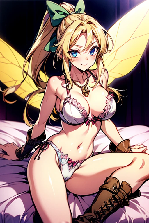 large breast, big breast, sexy、 beautiful body 、((white sexy lingerie)), long hair, blonde hair, bangs, blue eyes, ponytail, bow, navel, bare shoulders, jewelry, closed mouth, hair bow, heart, boots, wings,, midriff, necklace, bell, tattoo, , bandaid, , green bow, outline, fairy wings, heart tattoo, insect wings, Tinkermon, Very detailed、highest quality、Best image quality、masterpiece、8k、Anime Face、A kind smile、Cowboy Shot, Sexual Intercourse, hotel bedroom,