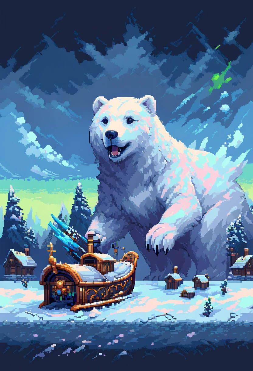 16-bit pixel art, promotional poster, promotional art for "The Golden Compass," 16bit video game art, for a game based on renowned novel "The Golden Compass" by Philip Pullman, BREAK: (it features ((a blonde girl in arctic weather gear)) , a white ermine, a frozen dead fish, a massive polar bear (wearing plate armor), there are sled-dog teams running in snow, there are groups of ren, experimental facilities fade into the background, BREAK: above everything is the northern lights, northern lights in 16-bit rendering, and in the lights is the outline of a cityscape, BREAK: apxlz, ral-pxlprtcl 