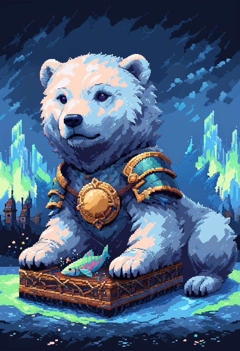 16-bit pixel art, promotional poster, promotional art for "The Golden Compass," 16bit video game art, for a game based on renowned novel "The Golden Compass" by Philip Pullman, BREAK: it features a blonde girl in arctic weather gear, a white ermine, a frozen dead fish, a massive polar bear (wearing plate armour), there are sled-dog teams running in snow, there are groups of ren, experimental facilities fade into the background, BREAK: above everything is the northern lights, northern lights in 16-bit rendering, and in the lights is the outline of a cityscape, BREAK: apxlz, ral-pxlprtcl 