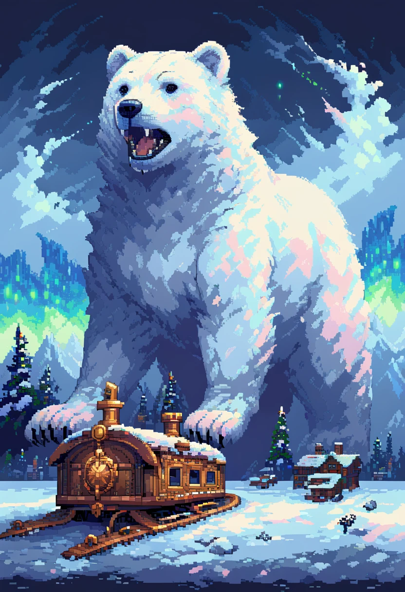 16-bit pixel art, promotional poster, promotional art for "The Golden Compass," 16bit video game art, for a game based on renowned novel "The Golden Compass" by Philip Pullman, BREAK: (it features ((a blonde girl in arctic weather gear)) , a white ermine, a frozen dead fish, a massive polar bear (wearing plate armor), there are sled-dog teams running in snow, there are groups of ren, experimental facilities fade into the background, BREAK: above everything is the northern lights, northern lights in 16-bit rendering, and in the lights is the outline of a cityscape, BREAK: apxlz, ral-pxlprtcl 