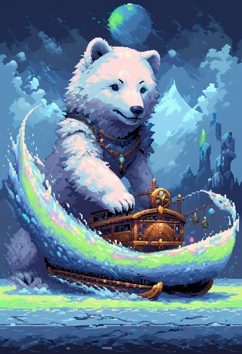 16-bit pixel art, promotional poster, promotional art for "The Golden Compass," 16bit video game art, for a game based on renowned novel "The Golden Compass" by Philip Pullman, BREAK: (it features ((a blonde girl in arctic weather gear)) , a white ermine, a frozen dead fish, a massive polar bear (wearing plate armor), there are sled-dog teams running in snow, there are groups of ren, experimental facilities fade into the background, BREAK: above everything is the northern lights, northern lights in 16-bit rendering, and in the lights is the outline of a cityscape, BREAK: apxlz, ral-pxlprtcl 