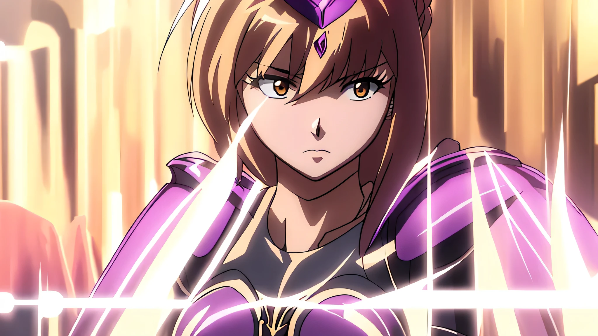  close-up of a woman in a purple leotard costume holding a sword, alone, Knight of the Zodiac Girl,  Portrait of a Zodiac Girl Knight , Woman with long brown hair, Brown eyed woman, Muscular Woman, feminine and muscular,  Shining Spinel Armor , Boobs,  Big Breasts,  Woman with Very Large Breasts , ((Beautiful fantasy empress )), 魅惑的なQueen Knight ,  Dressed in Light Armor ,  Lady Leotard Armor , breastplate armor, shoulder armor, Galactic Queen,  Crystal Spinel Armor ,  mature women, Brown pantyhose, Tall, The leotard has a high-cut waist, Adult sex appeal,  High Quality Anime Art Style , Smooth anime CG art, Queen Knight , digital manga art,  Female Warrior, Princess of Spinel ,  Spinel Reflective Armor ,  High Quality Anime Art Style ,