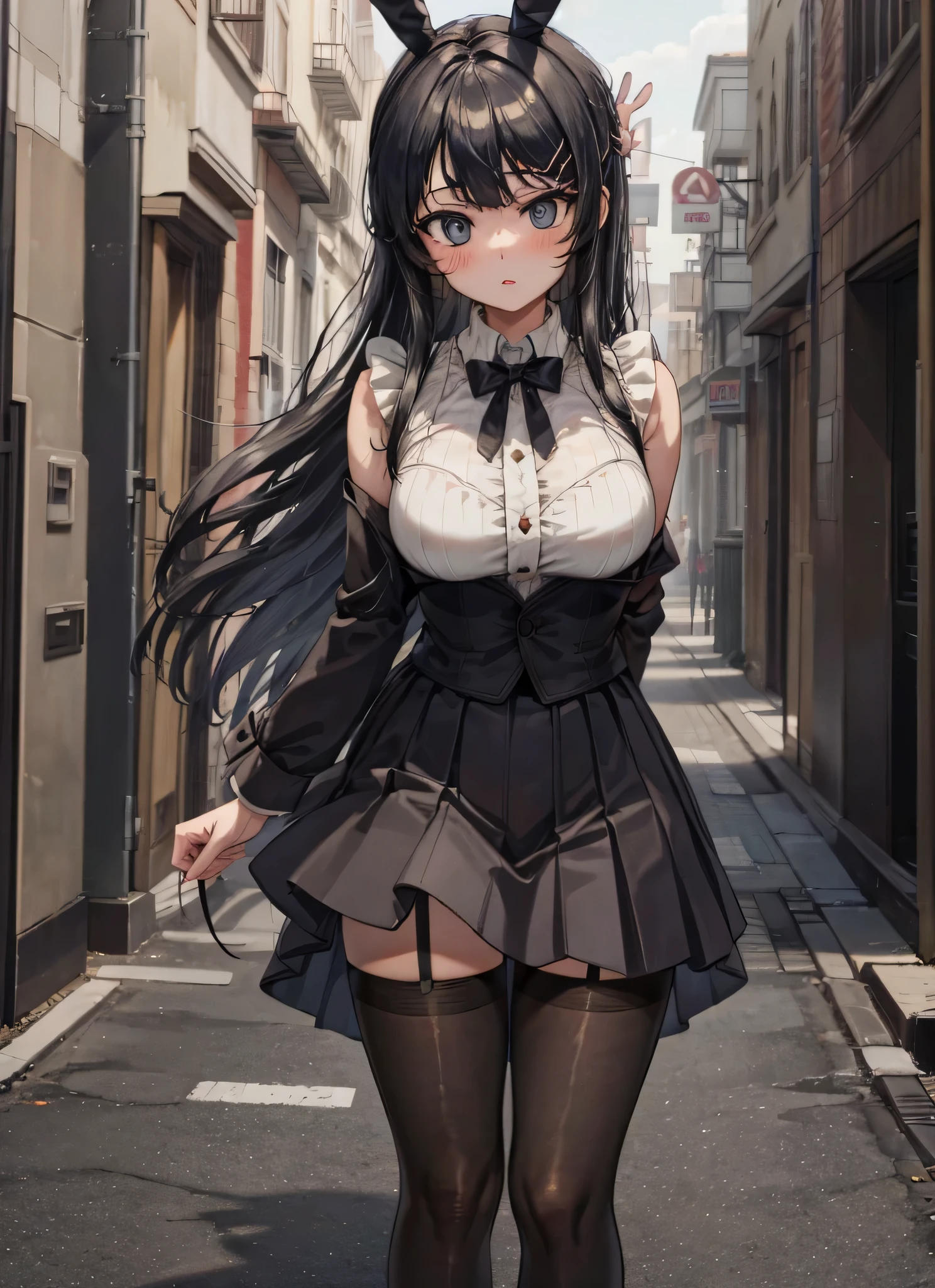 score_9, score_8_climb, score_7_climb masterpiece,   Best quality , Bright colors, height, nonsense,  Details, 1 girl,  Sakurajima Mai , Single focus, outdoor, road, Long black hair, bow tie,   wearing a black suit with a white shirt and a bowtie , Stockings with garters,  The dress is inspired by the housewife  ,  Details facial expression, Big eyes,  soft light ,   complex background with delicate lighting effect. ,  slightly red when ,   standing in a confident posture  