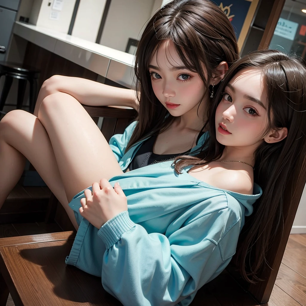 deux femmes ensemble de 18 ans sexy et mince , gray short sleeve hoodie , salle de classe, se touche,position sey,sensuel