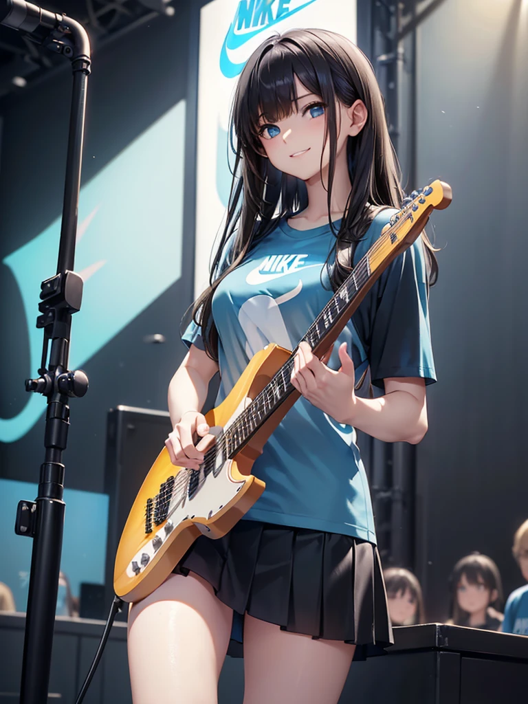 8k, Best Quality, The real picture,  complicated details, Very detailed,  super high definition, Depth Field, ( realistic, realistic), Tabletop, (( shot above the knee)), (((Standing and playing an electric guitar))), ((( 1 girl))), eye_Chan,  so beautiful, innocent big eyes, Beautiful breasts, 非常に詳細なeye, (Beautiful breasts), ((Black Hair)), ( short semi long hair), (Asymmetrical bangs), Perfect Skin, Fair skin, Small breasts, Tight waist, Alone,  Stares at Viewers , (smile), ((Light blue Nike long t-shirt)), ( black miniskirt in a window seat), (Standing in the concert hall )