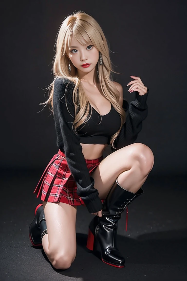 1girl, (Blue eyes), (smiling), (Sana Minatozaki), wide hips, Big Boobs, big ass, (Best Quality, 8k, Masterpiece: 1.3), perfect hands, Clear Focus: 1.2, Perfect Body Beauty: 1.4 , Slender Abs: 1.2, Highly detailed face and skin texture, detailed eyes, red lips, (blonde long hair), (black bra), (red pleated skirt), (lifts her skirt showing panties :1.3), (view from below :1.3), look down, in a bright living room