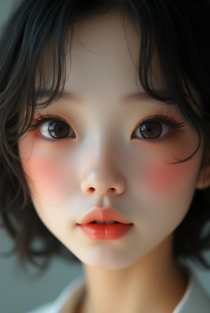 Pysche a woman with asian face. She was delicate and angelic, with smooth porcelain skin and soft features. Her lips were plump and pink, her eyes wide and innocent. Her chin was softly rounded, and her nose small and straight. But it was her eyes that were truly stunning - they were a deep, rich chocolate color, framed by long, thick lashes that cast shadows on her cheeks. She looked like a porcelain doll come to life, all sweetness and innocence.