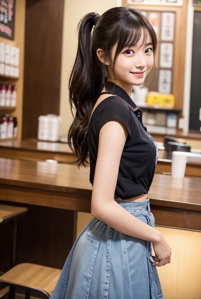 Top quality, 1 beautiful woman, super short Hair , mini Skirt, shy smile, Booty pose, at school
