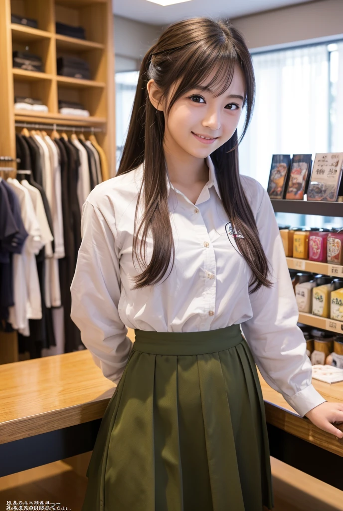 1womanl、(Super beautiful)、(beauitful face:2)、(A detailed face:1.5)、(A detailed eye:1.1)、(Detailed lips:1.1)、(Detail nose:1.1)、(Shot from the knee up:1.1)、(Starbucks clerk in Japan)、(Starbucks Uniforms:1.1)、(She lifts her skirt to reveal her white panties:1.3)、(Bare legs:1.5)、Brown hair、(Standing inside a Starbucks store)、(At SFW:1.3)