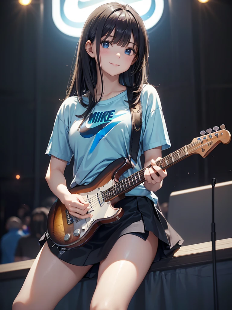 8k, Best Quality, The real picture,  complicated details, Very detailed,  super high definition, Depth Field, ( realistic, realistic), Tabletop, (( shot above the knee)), (((Standing and playing an electric guitar))), ((( 1 girl))), eye_Chan,  so beautiful, innocent big eyes, Beautiful breasts, 非常に詳細なeye, (Beautiful breasts), ((Black Hair)), ( short semi long hair), (Asymmetrical bangs), Perfect Skin, Fair skin, Small breasts, Tight waist, Alone,  Stares at Viewers , (smile), ((Light blue Nike long t-shirt)), ( black miniskirt in a window seat), (Standing in the concert hall )