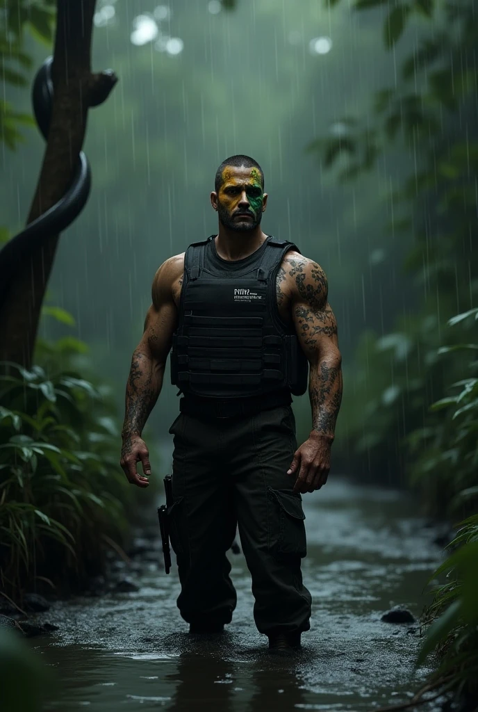 sexta-feira 13、Assassino Jason Voorhees sem camisa, super musculoso、Defined muscles 、macho 、 master part、melhor qualidade、Qualidade de imagem superior、corpo musculoso ensanguentado、4k、Passeie perto de Crystal Lake、pose de corpo inteiro、Terra verde exuberante Shot on 35mm lens, fotorrealista, White balance, Pro Foto RGB, Processamento profissional, insanamente detalhado, ultra-detalhado, detalhes intrincados, super detalhado, Ambiente
