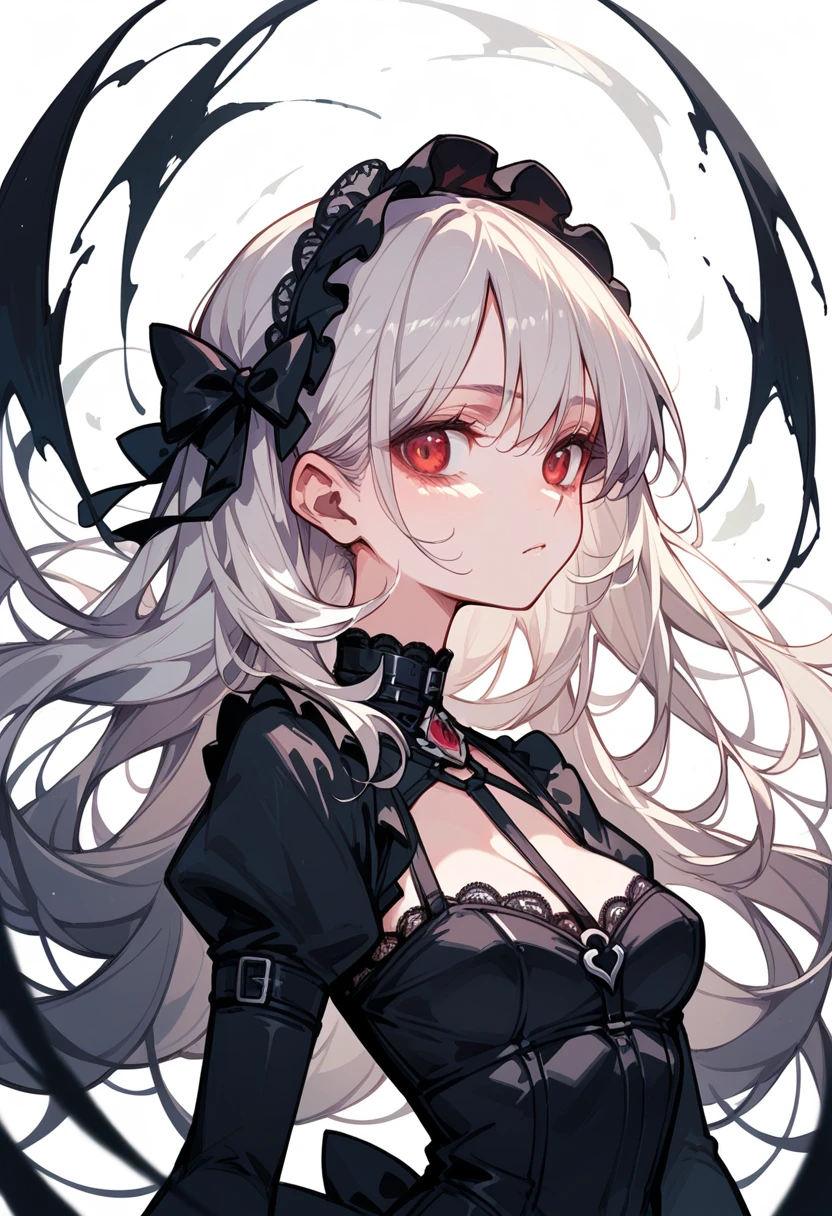 (masterpiece, best quality, absurdres, very detailed eyes), 1girl, solo, solofocus, medium breasts, white hair, long hair, blunt bangs, yellow eyes, closeup, ager, black dress, black gloves, black high heels, black thighighs, black skirt, upper body, red background, demon horns, crying