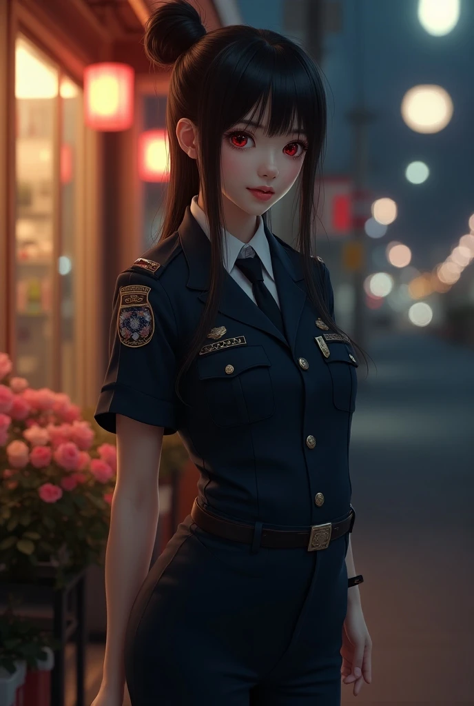 ((((masterpiece, best quality, high resolution)))), Extremely detailed 8K, 1 female, (Police Officer) wearing a cyberpunk police uniform and gear, (Ultra HD, Ultra-detailed, Highly detailed, Highly realistic, Ultra-realistic, photograph realistic), (1girl:1.5), (Realistic black hair), (dynamic poses), facing at camera, looking at viewer, (a serious focus face), (regular black eyes, sharp eyes), (perky breasts:1.2), (beautifully detailed face, beautiful detailed eyes), ((preparing for a police patrol)), (streets background), sweat, glow, (sunbeam, sunlight), ((cowboy shot)), seductive, EnvyBetterHands LoCon,