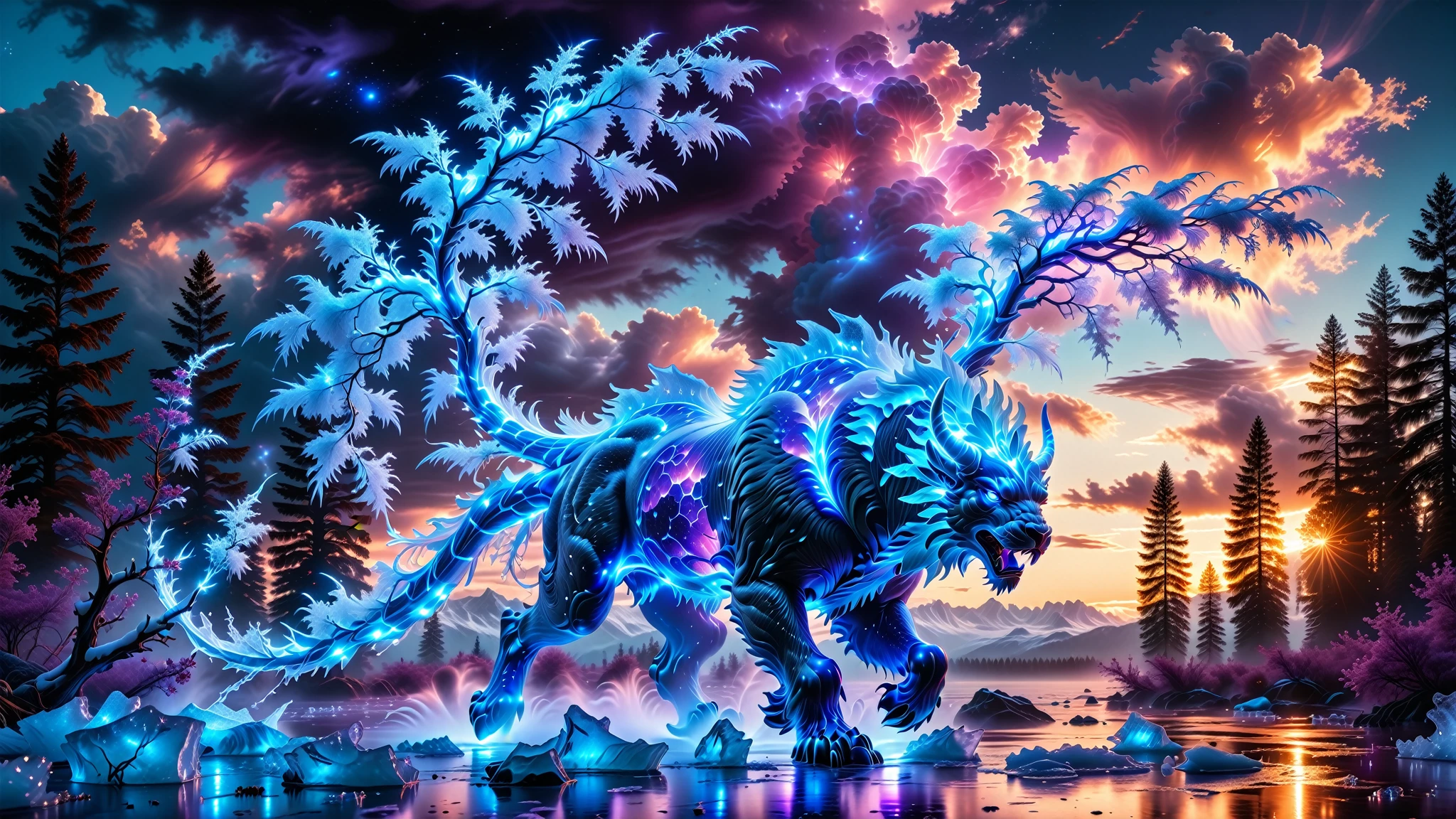 A Masterpiece In 32K Resolution, Supreme Quality, Super Detail, Official Art, Very High-Resolution 32K Wallpaper, Beautiful And Aesthetic, Ultra-Detailed Features, Awe-Inspiring Detail. Towering Bioluminescent Trees Stretch Into A Purple Sky, Their Branches Pulsing With Electric Blue Light. Rising From The Depths Is A Colossal Ice Chimera, Its Body Composed of Various Frosted Animals. Massive Wings and Fangs Unfold From Its Sides, Glinting In The Light, Its Frosty Breath Leaving Trails Of Shimmering Ice Fragments In The Air. Giant Floating Beasts Drift Through The Air, Their Silhouettes Blending With The Exotic Landscape.