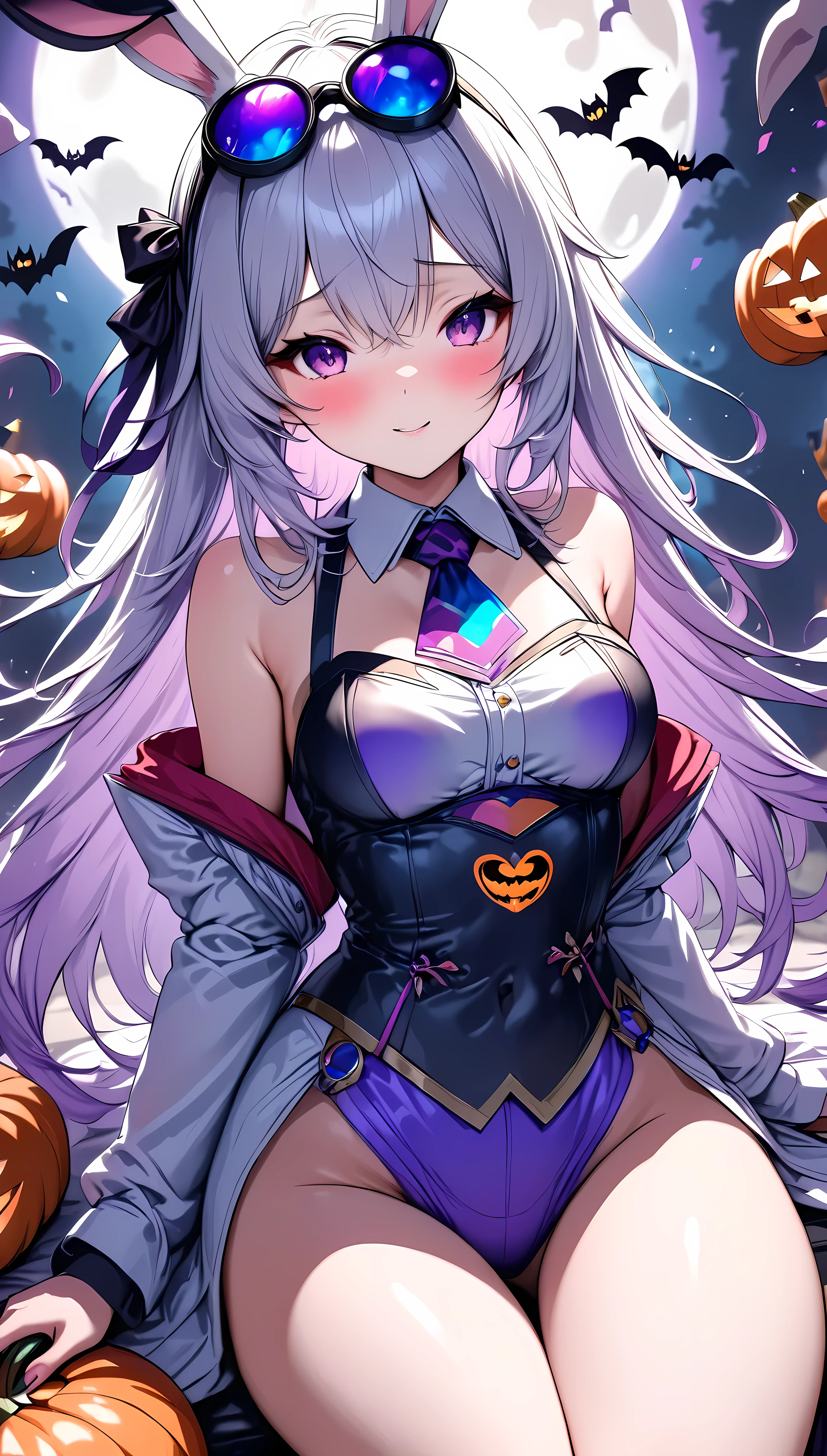 (masterpiece,  best quality:1.2),  1 girl, Alone, \ characters " atlus"\, Halloween rabbit guardians,  follows the Halloween ghost, Cute sex appeal ,  add color with jack-o-lanterns,  transparent purple overlay , ROUGH, 