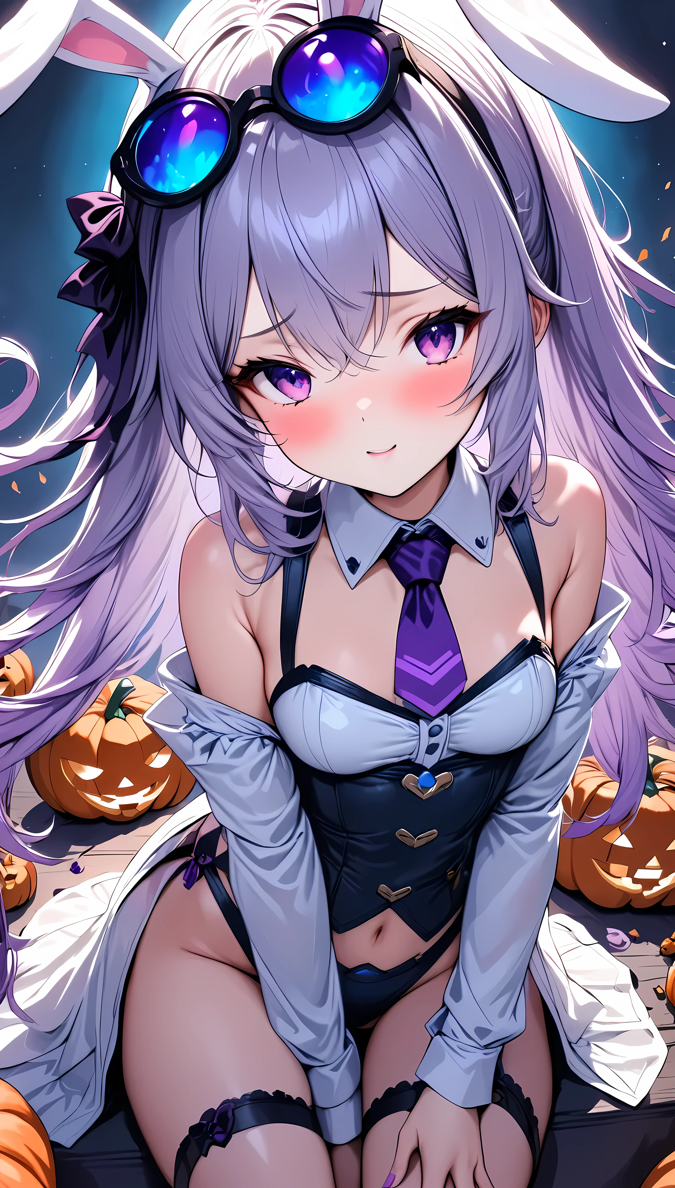 (masterpiece,  best quality:1.2),  1 girl, Alone, \ characters " atlus"\, Halloween rabbit guardians,  follows the Halloween ghost, Cute sex appeal ,  add color with jack-o-lanterns,  transparent purple overlay , ROUGH, 