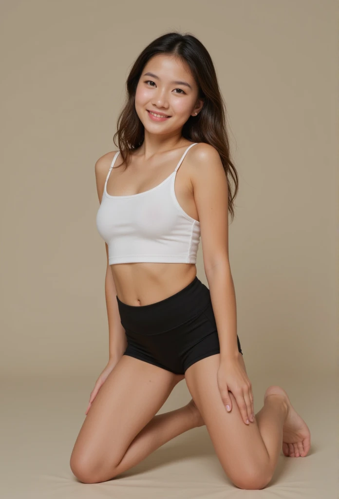 Youn girl, 15yo,americana, Lindo top corto blanco, short de yoga negros , smile, baby face,(best quality,4k,8k,highres,masterpiece:1.2),ultra-detailed,(realistic,photorealistic,photo-realistic:1.37), jack-o pose all fours