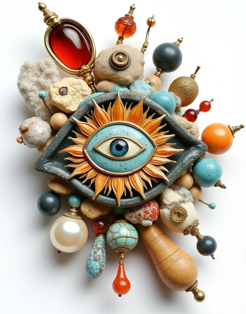 Product Design：Exquisite crafts，Cloisonne craft，Baroque pearls and an eye element and gemstone，sun，moon，beeswax，amber，turquoise，wood，coral，Felt，Retro， white background for the head only