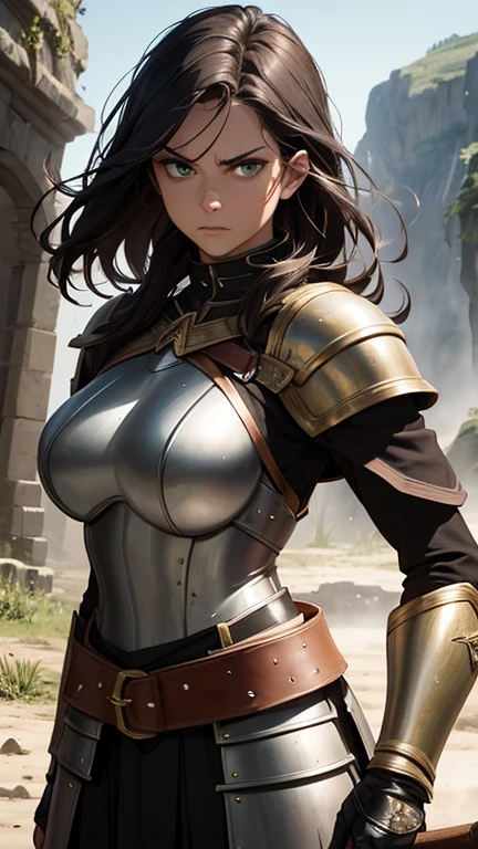 ((Masterpiece, highest quality; 1.3)), super quality, beautiful detail, super detailed, extra fine, 16K, exquisite, absurd, high resolution, beautiful background, detailed background, beautiful eyes, beautiful skin, anime style, A pose that seems fleeting, Lightly brush your hair up, mamiya, undershirt, blue eyes, brown hair, Close-up of a woman wearing brown leather clothing with shoulder pads, Muscular body details, Leg details, Fluttering Hair, Leather clothing, Leather trousers, Cameltoe, (Voluptuous huge breasts:1.3), Female Characters, Thigh close-up, Women's clothing, warrior outfit, Detailed rusted armor, A short, muscular woman, Full body details, Skin texture details, Perfectly shaded body, Skin details, desolate wasteland, sand smoke, the wind is blowing,