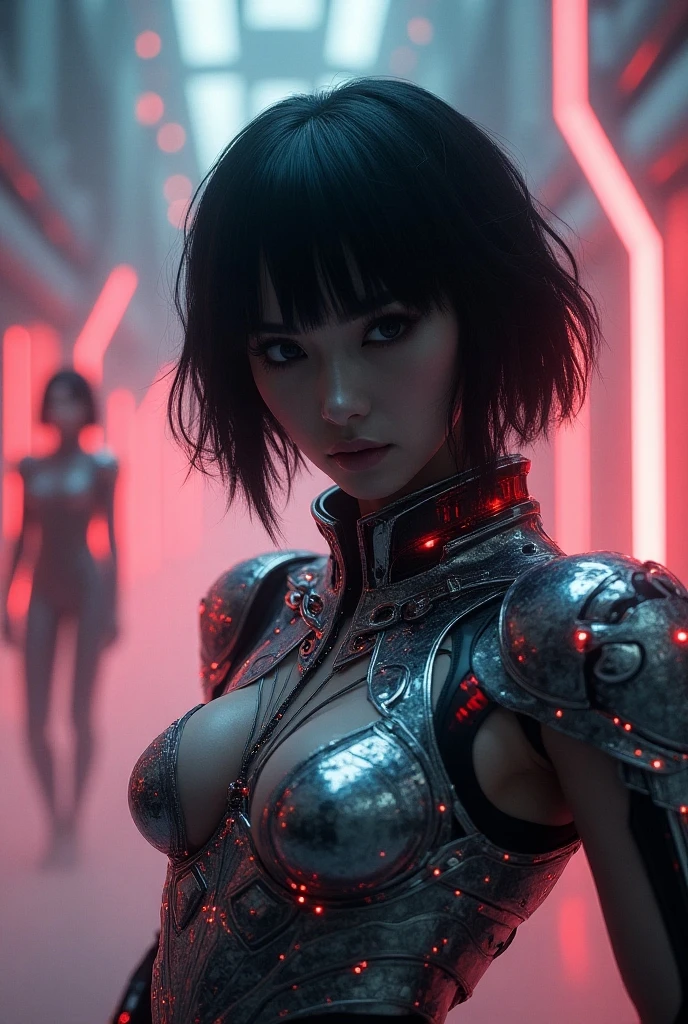 cyborg girl, young, short dark hair, injured, torn body parts, mechanical parts coming out of the body, skin half ripped off, gore, bloody, horror, dark, glowing red eyes, breast ripped off
