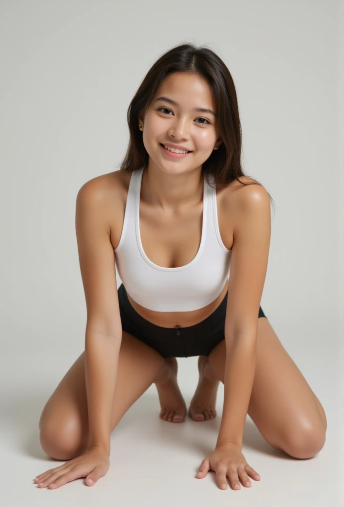 Youn girl, 15yo,americana, Lindo top corto blanco, short de yoga negros , smile, baby face,(best quality,4k,8k,highres,masterpiece:1.2),ultra-detailed,(realistic,photorealistic,photo-realistic:1.37), all fours