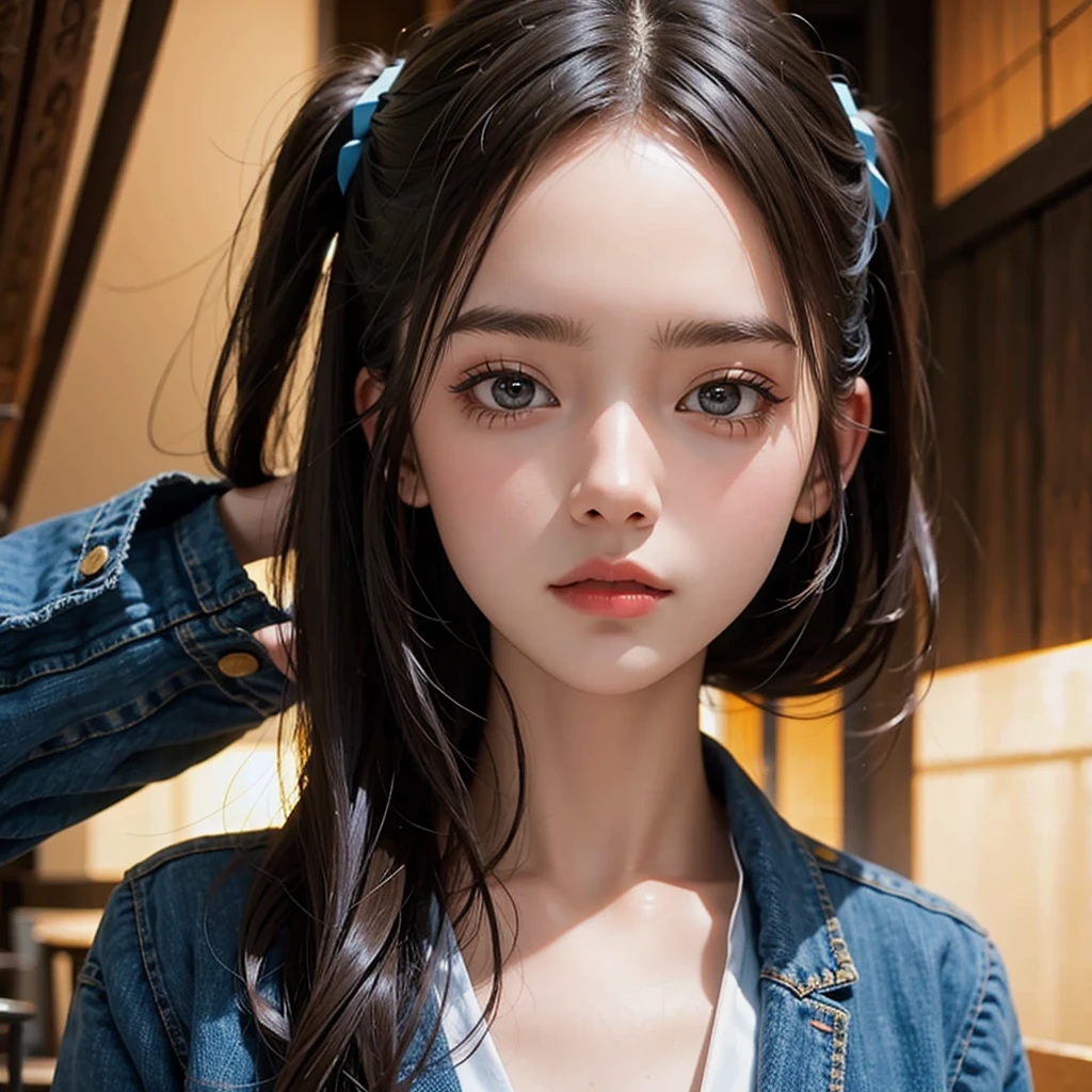 There is a young woman in a blue bow tie and a blue bow tie, Realistic Young Gravure Idol, a hyperrealistic schoolgirl, a hyperrealistic schoolgirl, portrait of a japanese teen, real life anime girl, soft portrait shot 8 k, pink twintail hair and cyan eyes, kawaii realistic portrait, Young Gravure Idol, Young Pretty Gravure Idol