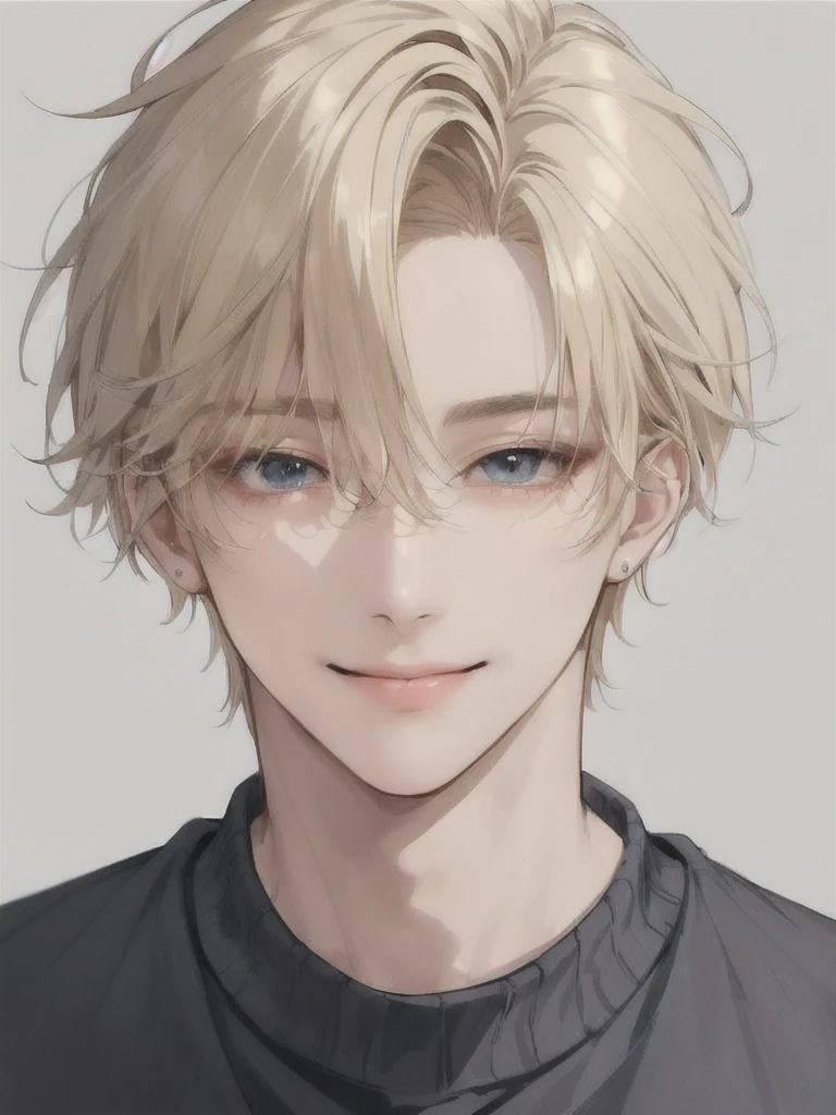 (ภาพ High Detail )Alone .A man.Age 27.I have blonde hair.Elegant face.smile.Put on a sweater.Black eyes.The beautiful eyes.(perfect eyes).  High Detail .Clear image. Masterpiece.Be mature.