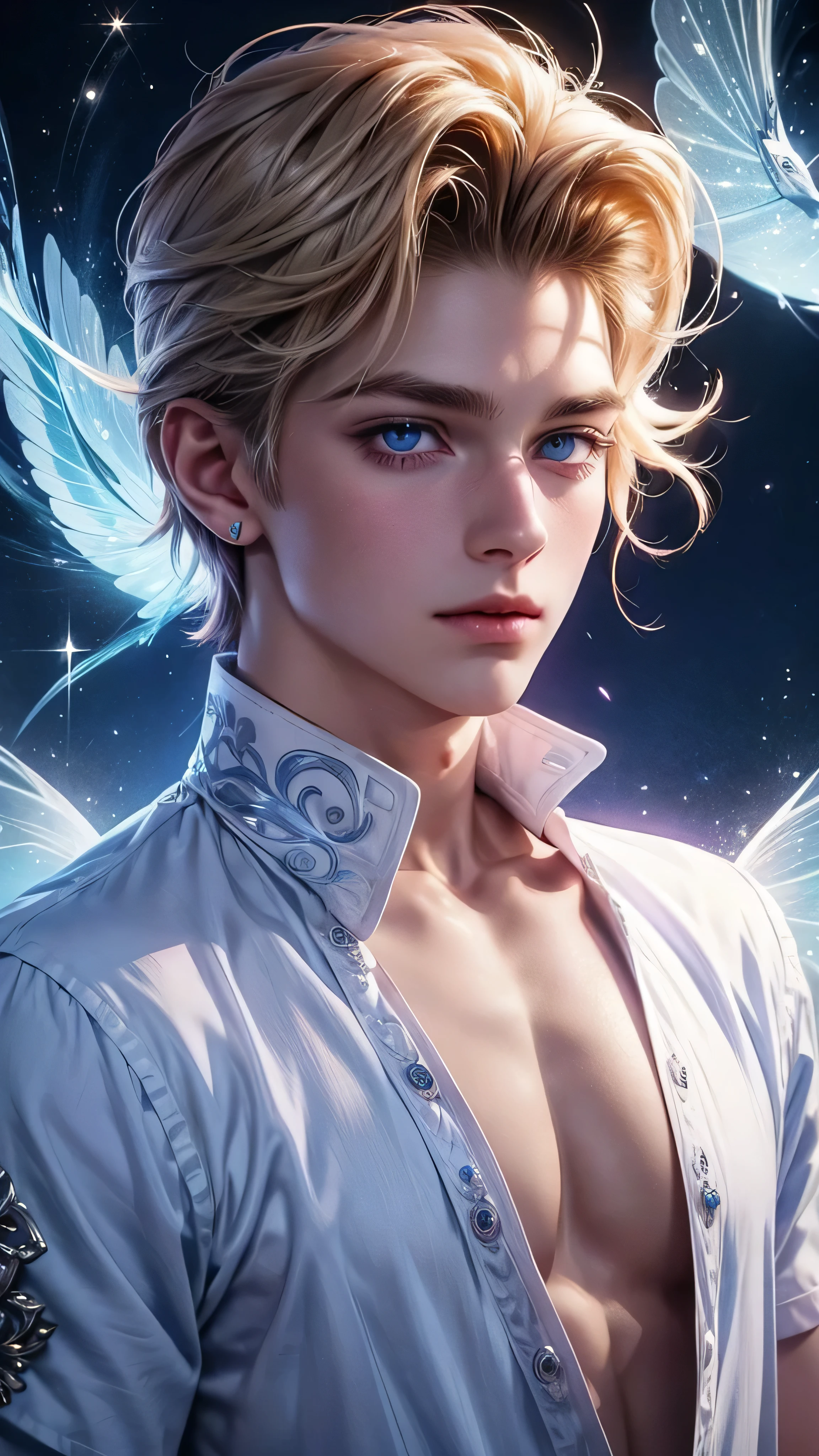 Create a handsome 22 year old boy with short white hair on the sides, blue eyes, White skin, pointy ears, with muscle and a light blue background with butterfly wings