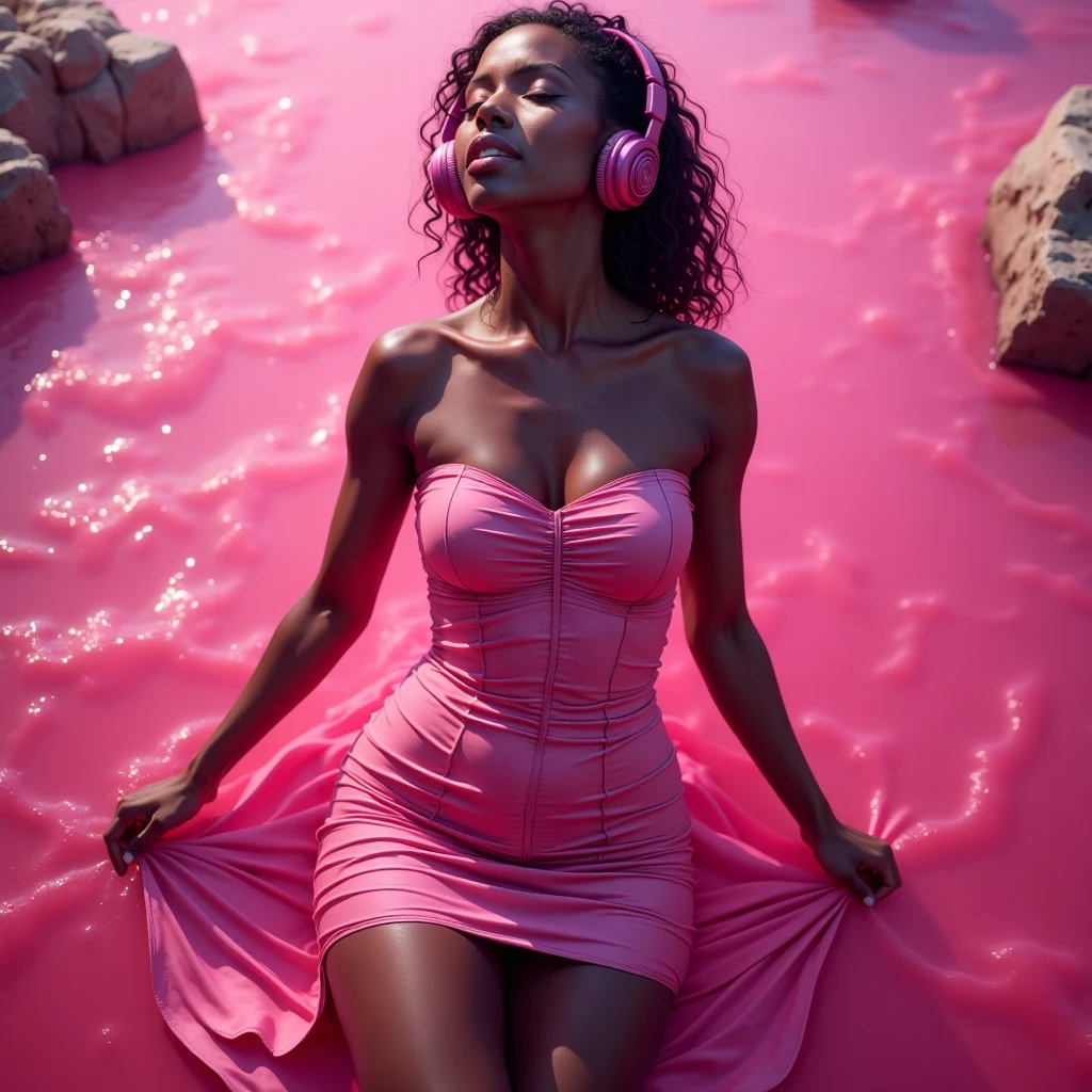 1girl, head phones, under pink bubble water, (18 years old), (dark skin), dark skin, wide shot, (pink strapless dress), (Masterpiece, Professional lighting, 16k, 8k wallpaper, raw photo, photorealistic:1.8, ultra detailed, natural lighting, detailed skin sexy pose, open mouth, big lips, night time, eyes closed, pink light, steam, pink foam